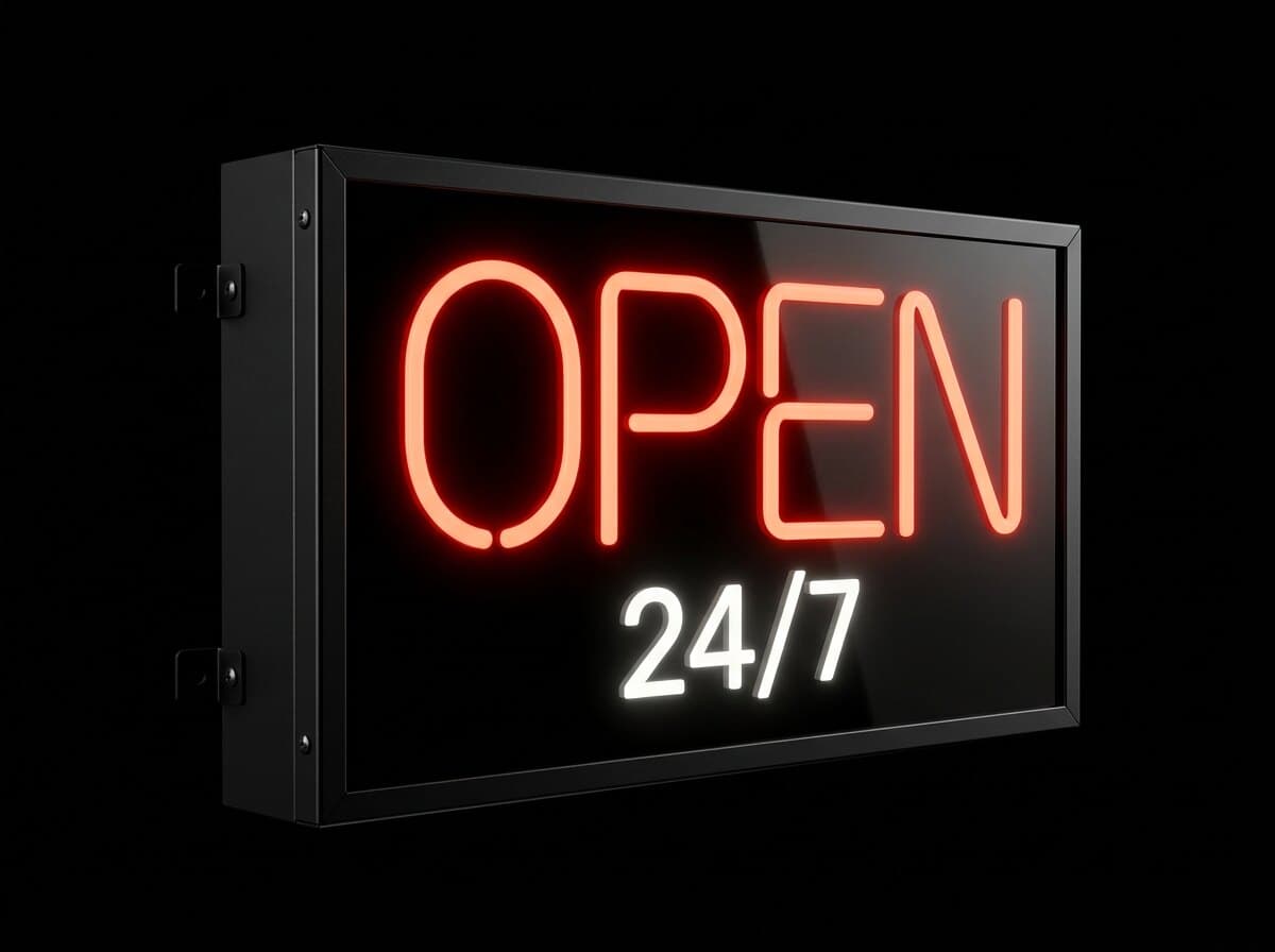 OPEN 24/7 Işıklı Kutu, açılı görünüm